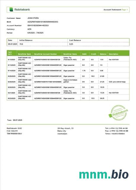 Azerbejdżan rabitabank wyciąg bankowy słowo i szablon PDF 2 strony